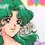 Pixelated cartoon-style character with green hair and light skin, facing left with a neutral expression, set against a soft pastel background.