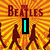 Pixelated image with repeating 'Beatles' text and silhouettes on a sunburst background, featuring 'I Love The Beatles' text and a smiley face icon.
