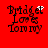 Red background with black text reading "Bridget Loves Tommy" in pixelated font, four identical arranged in a