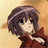 Pixelated anime-style character with short brown hair and a red garment against a gradient background.