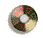 Two circular pixelated icons with segmented color patterns and central white dots, displayed side-by-side on a gray background.
