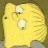 Yellow cartoon character with large white eyes and a small brown nose on a muted green background.