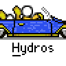 A 6-frame animated contact sheet showing a blue convertible car with yellow accents and stick-figure passengers, each frame labeled "Hydros" below it.