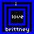 Four identical pixel-art display layered blue squares with 'i love brittney' text, each showing a different square-layering configuration