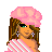 Pixel art of a woman with brown hair wearing pink headwear and striped shoulder accessory, holding cotton candy.