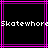 Black background with overlapping pink and purple lines forming a frame, white pixelated text repeating "Skatewhore" across the center