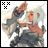 A 48x48 pixel buddy icon featuring a stylized anime character with light blue hair and orange skin, holding a sword-like object against a white background on the left side of a contact sheet; the right side displays "Anime IM" text in a glitchy font over black.