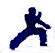 Pixelated blue figure in dynamic martial arts pose against white background, limbs extended with one leg forward and arms raised.