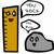 Animated pixel art of a yellow ruler and gray rock with blue eyes, red mouths, and speech bubbles containing 'FUCK' text.