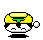 Pixelated character with yellow hair, green eyebrows, and white face has a speech bubble on the left side of its head.