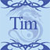 Pixelated blue and white icon with 'Tim' text centered over a circular swirl design, framed by decorative blue branches.