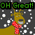 Pixelated reindeer with red scarf in snowfall, displaying changing green text overlays