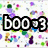 Pixelated icon with bold black text 'boo' and a heart symbol, surrounded by scattered colorful dots on white background.