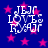 Blue background with pink stars and white pixelated text reading "TEJ LOVE KAJ" in four quadrants.