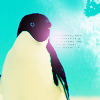 Pixelated penguin with black head and white body stands against turquoise background, head turned right, small blue symbol on head, bright light effect on right side.