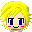 Four pixelated character head views with yellow hair, blue eyes, pink cheeks, and black mouths arranged in a on gray background