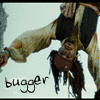 A pixelated image shows a person in a brown jacket and dark pants holding a small dark object, with the word 'bugger' in stylized text below.