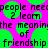 Pixelated text on a bright pink background with overlapping green circles, repeating phrases about friendship and learning.