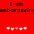 Red background with black text reading "I am embarrassing" and two of five pixelated hearts, one with four white hearts and one pink heart, the other with three white hearts and two pink hearts