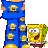 Animated contact sheet of a pixel art icon featuring Spongebob Squarepants and a blonde character in yellow outfits, with text changing across frames to form "luv the lil square dude".