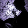 A low-resolution static icon showing a silhouetted figure holding an ornate white umbrella with black patterns against a dark background.