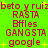 Green background with red text and yellow stars, displaying repeated phrases and words in a pixelated style.