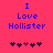 Blue pixelated text "I Love Hollister" on bright pink background with five heart icons below, two versions differ in heart color sequence.
