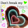Animated heart-shaped icon with layered colors and text 'Don't break my heart' above it, featuring a green heart symbol replacing the word 'my'.
