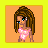 Pixelated cartoon character with brown braided hair and blue eyes wearing a pink top, standing against an orange background.