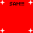 Red background with four instances of 'SAM!!!' text and scattered white plus signs in a pixelated style.