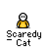 Animated contact sheet of a scaredy cat buddy icon showing 25 sequential frames with varying poses and props against gray background