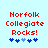 Red pixelated text 'Norfolk Collegiate Rocks!' above five blue and light-blue puzzle-piece icons on a light blue background.