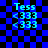 Blue and black checkered background with four identical pixelated text blocks displaying "Tess" above two left-pointing arrows followed by "333".