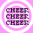 Four identical circular icons with pink backgrounds and white rings display the word CHEER repeated three times in black pixelated text.