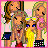 A 3x2 pixel art contact sheet of an animated AIM buddy icon featuring four cartoon girls and pink text on a yellow background, with visible frame-to-frame animation changes in the characters' poses and expressions.