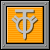 A pixelated icon with a silver emblem on an orange striped background, framed by a gray border with corner details.