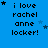Blue background with repeated text 'i love rachel anne locker!' in black pixelated font, each instance accompanied by small blue and dark blue stars.