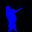 Blue silhouettes of a figure in various dynamic poses arranged in a on black background with one gray square corner