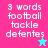 Pixelated text displays '3 words football tackle defentes' on pink and cyan backgrounds with star icons, transitioning between two color schemes.