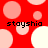 Red background with pink and white circles; four instances of 'stayshia' text in black pixelated font.