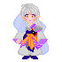 Pixel art character with silver hair, purple eyes, and pink blush on cheeks, wearing layered purple and orange clothing with blue accents.