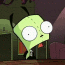 Green cartoon character with large white eyes and black antennae shifts expressions across multiple , holding a small object in some frames
