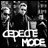 Black-and-white pixelated image shows a figure with raised arms against dark background, featuring large white text reading DEPECHE MODE below.