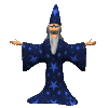 Animated wizard in blue star-patterned robe with raised arms in six sequential poses against gray background.