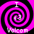 Four identical display a pink and black spiral with white text 'I' at top, 'Volcom' below, and a small recycling symbol in the center