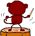 Animated contact sheet showing two frames of a red cartoon monkey drumming on a wooden platform with sticks, each frame displaying different stick positions and motion lines.