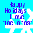 Blue background with white snowflakes and purple text reading 'Happy Holidays, I love "Joe Jonas"' in four identical