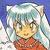 Pixelated anime-style character with light blue hair, brown eyes, and a red garment against a blue background.
