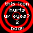 Four identical red concentric circles with white text warning 'this icon hurts ur eyes? 2 bad!!' on black background, arranged in a two-by-two