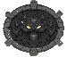 Two circular pixelated icons with gray mechanical borders; left shows dark face with yellow eyes, right shows red and brown swirling pattern.